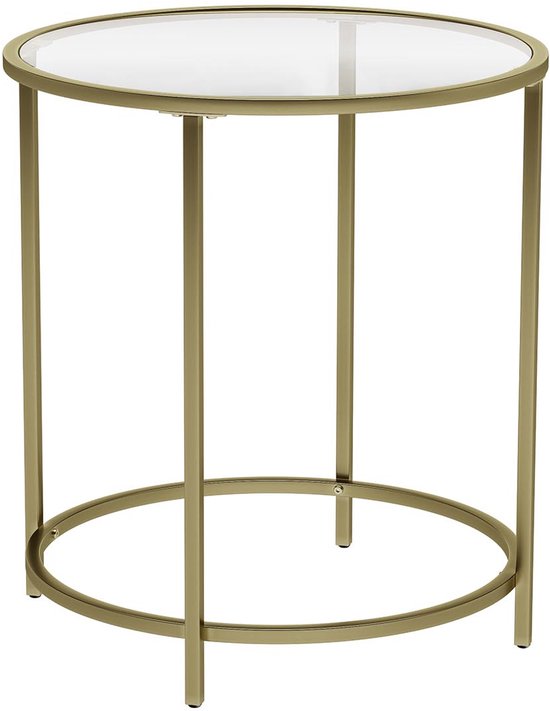 Ronde bijzettafel met goudkleurig metalen frame en glazen blad.