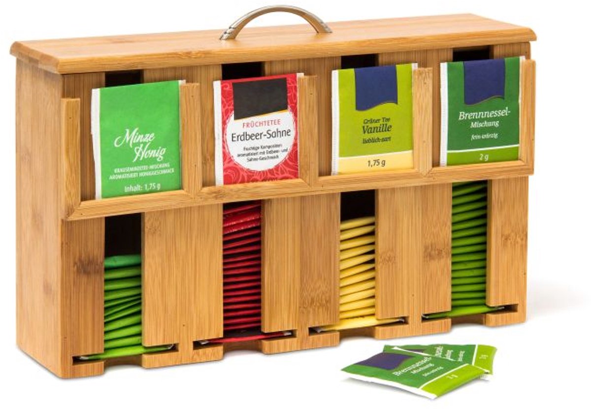 Doodadeals® Theedoos 4 Vakken – Bamboe Thee Organizer met Deksel en Handvat – Stijlvolle Theedoos Hout – 22x33,5x10 cm