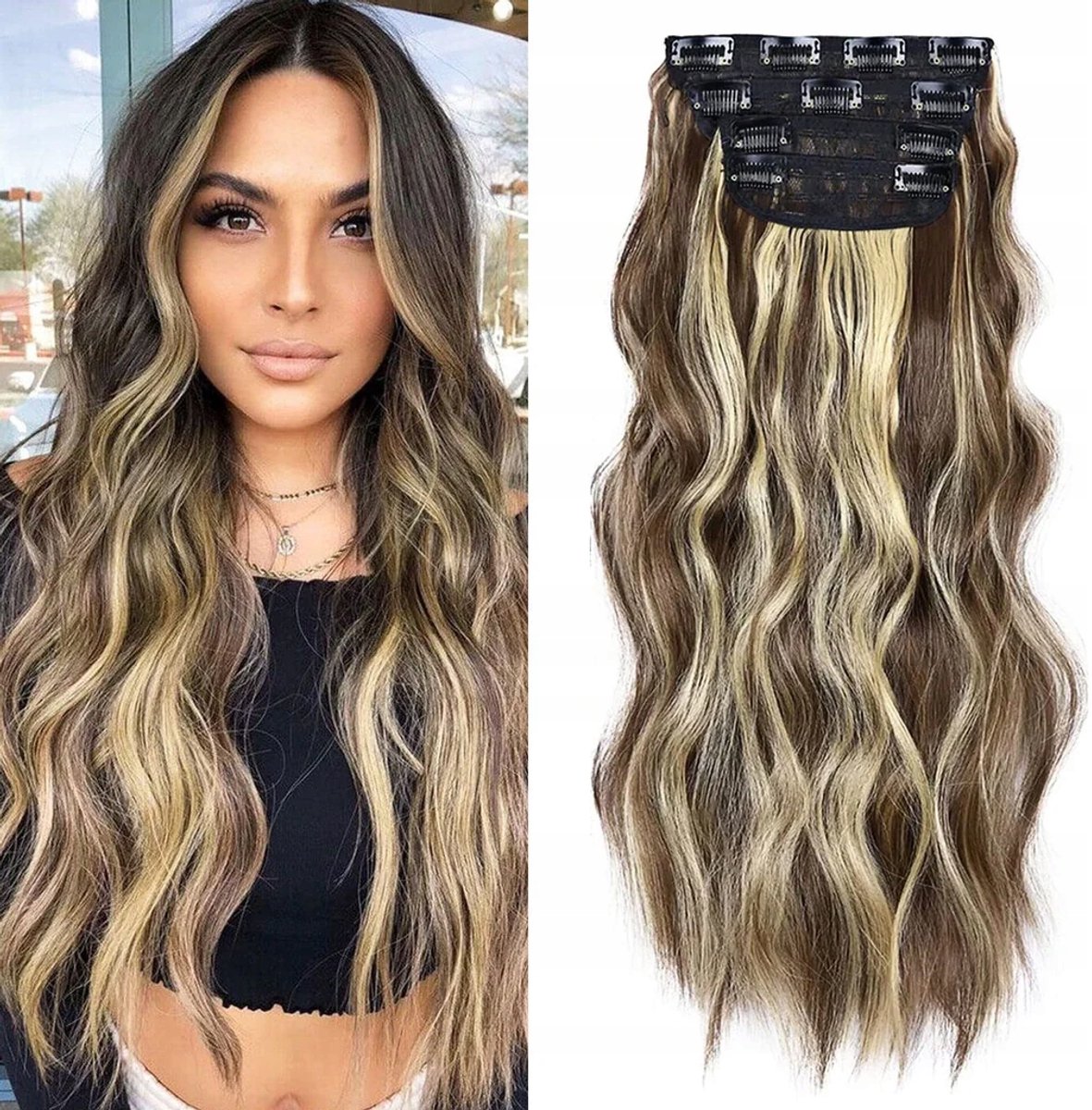 Synthetische Paardenstaart Verlenging Middelbruin Blond Golvend 50cm