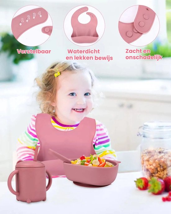 Baby Eetwaren Set 8-delig - Zuignap Borden & Kom - Siliconen Leer-eten Set met Slabbertje en Drinkbeker - Geschikt voor Magnetron & Vaatwasser - BPA-vrij Roze Babybestek - Kraamcadeau voor Meisjes van Merkloos — afbeelding 3