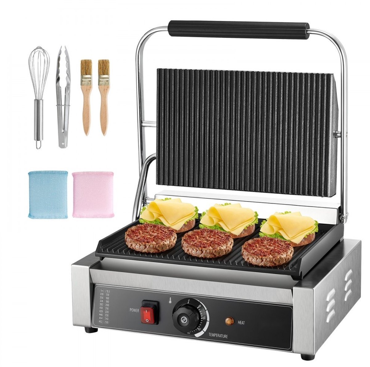 Panini Grill - Contactgrill - Sandwichmaker - 2200 W Vermogen - RVS Behuizing - Instelbare Temperatuur - Grillplaat 34 x 23 cm - Voor Sandwiches & Hamburgers