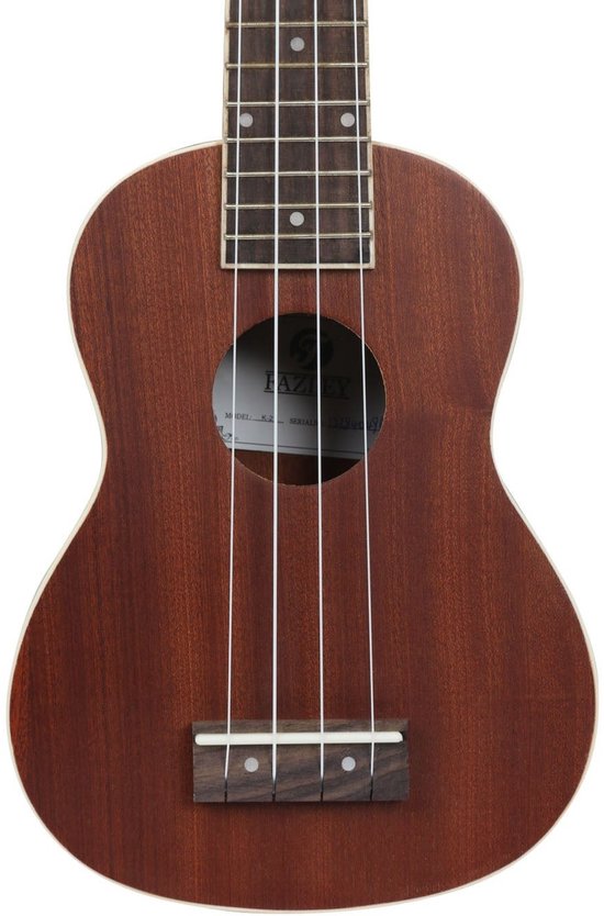 Voorzijde van een bruine sopraan ukelele met vier snaren en een klankgat.