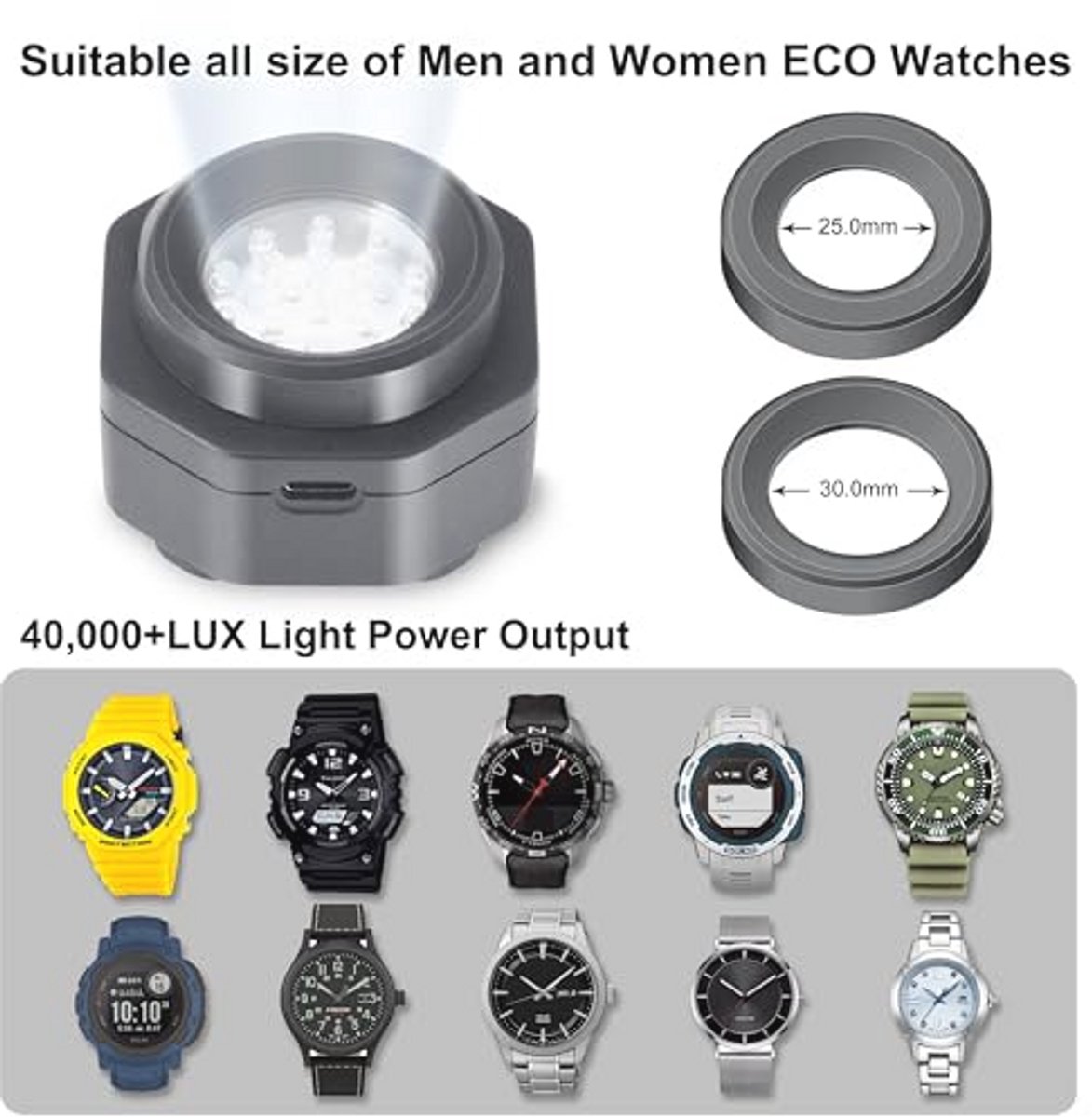 Type-C UV gratis zonne-horloge snellader voor mannen - draagbare batterijlader voor eco zonne-horloges