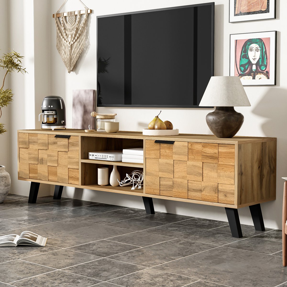 STILVORA TV Meubel - Vintage Stijl Tv Kast Met 2 Deuren En 2 Vakken - Ideaal Voor Woonkamer - Spaanplaat - Vintage Bruin - 160,5x35,5x45 cm Onbehandeld