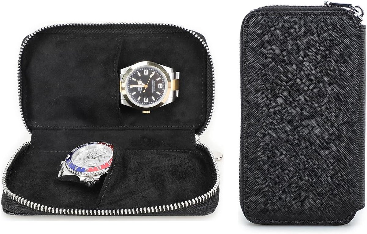 EGoods - Lederen horlogekast voor 2 horloges - Zwart - Draagbare reisopbergdoos - Herenhorloge-organizer met ritssluiting