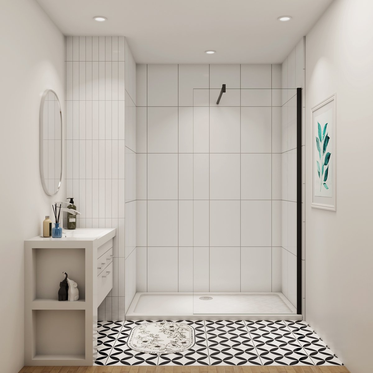 Aica moderne douchewand 80x200 cm 10 mm NANO Easyclean veiliges gehard glas 140cm F-vormige stabilisatiestang mat zwart - gemakkelijk te installeren