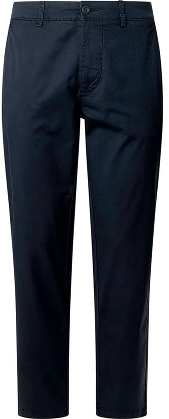 Donkerblauwe katoenen chino, vooraanzicht, op effen achtergrond.