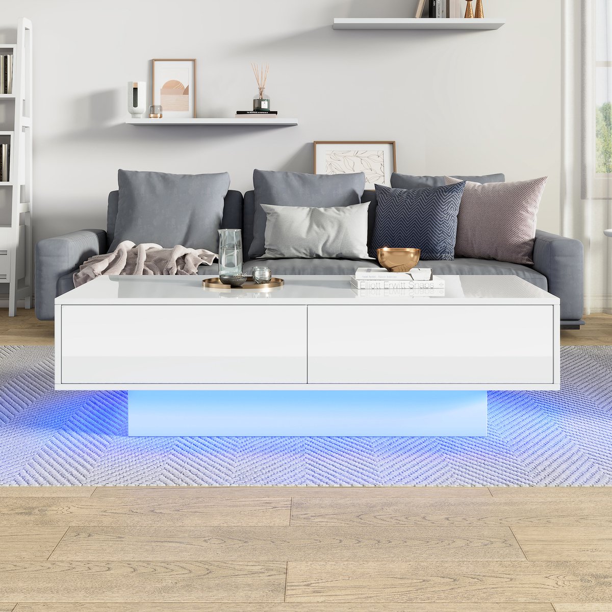 MODFU Witte moderne hoge glans salontafel 115x55x34 cm met 2 lades, LED-verlichting en 30 kg draagvermogen, elegant design