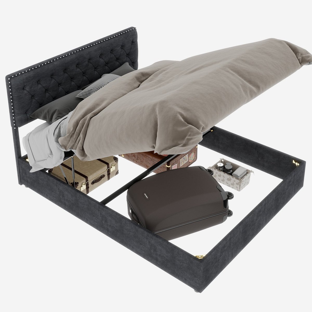 Merax Gestoffeerd Bed 140x200 - Fluwelen Stof Grijs - Bed met Opbergruimte - Hoog Boxframe met Gaslift - Metalen Frame - Houten Lattenbodem - Zonder Matras