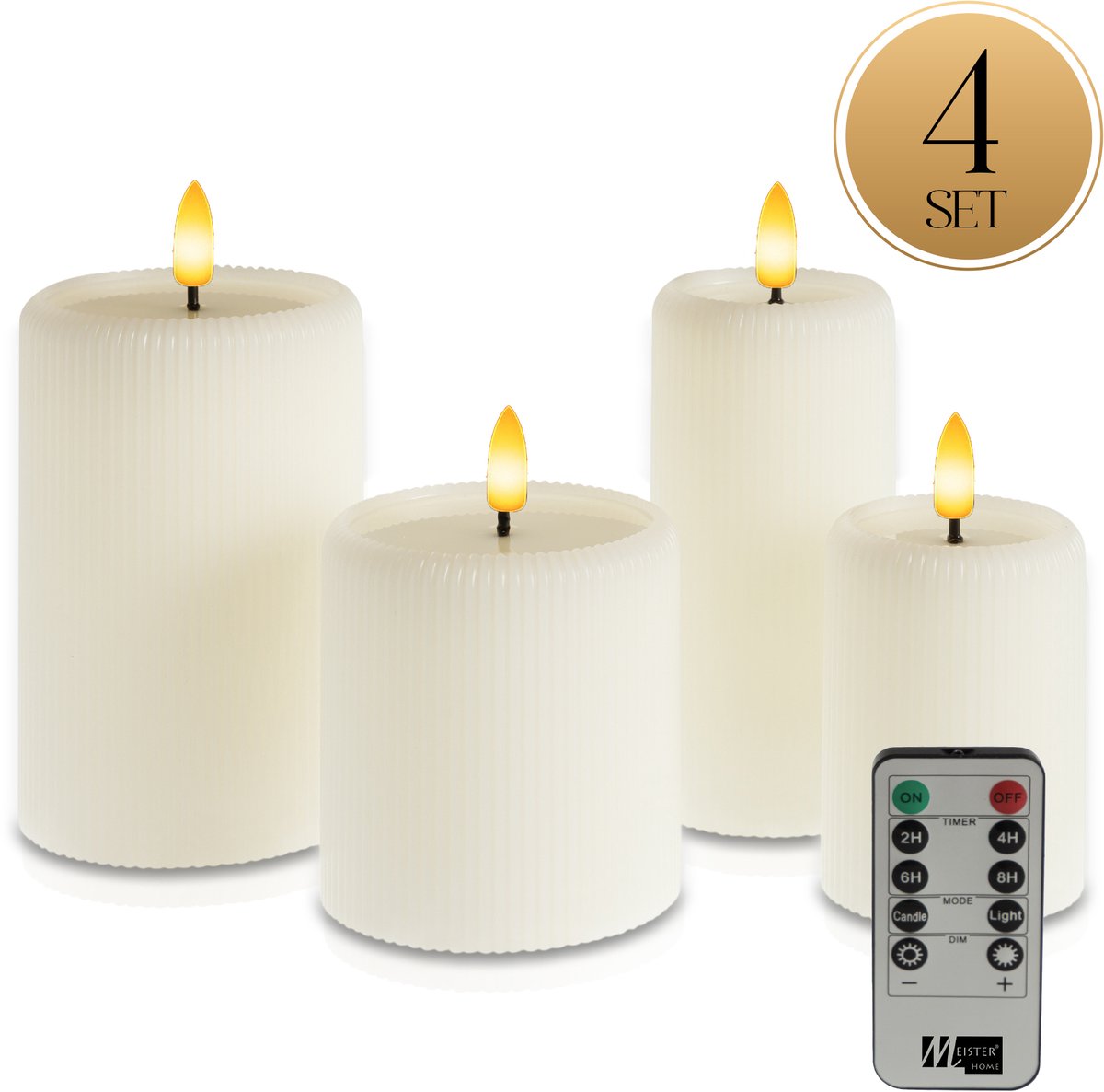Meisterhome® LED Kaarsen 4-delige Set Ivoor – Flikkerend Licht – Met Afstandsbediening & Timer – Batterijverlichting – Ø7,5/10 cm, Hoogte 10/15 cm – Ribbeldesign – Vlamloos & Energiezuinig