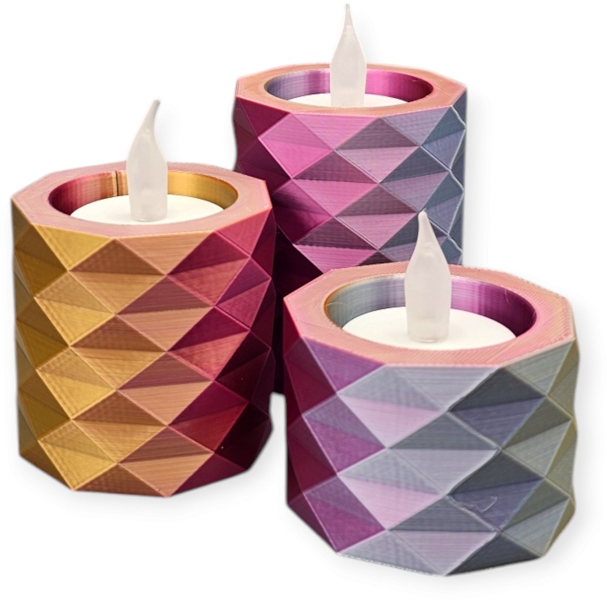 Layerzz - 3D-geprinte waxinelichthouders met LED lichtjes – moderne sfeerverlichting (niet geschikt tegen hitte) - set van 3 - meerkleurig - goud zilver roze