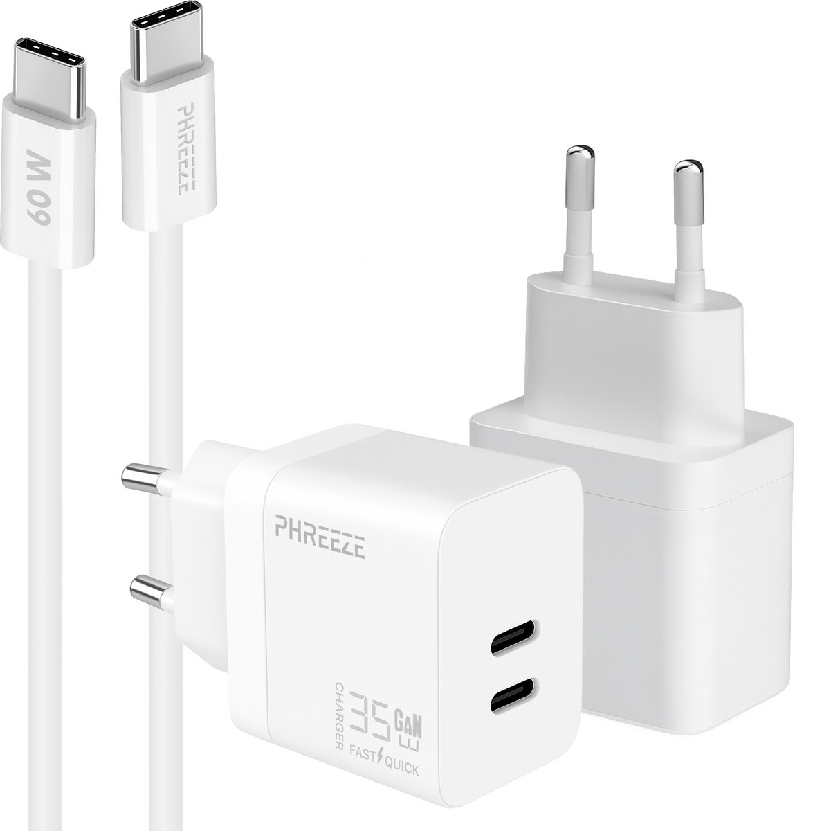 Phreeze usb C oplader 35w met usb C naar usb C kabel 1 meter - Power Delivery snellader - GaN charger met 2 usb C poorten