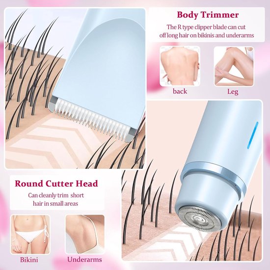 Close-up van blauwe trimmer die bikini-haar trimt. Illustraties van rug, been, bikini en oksels.