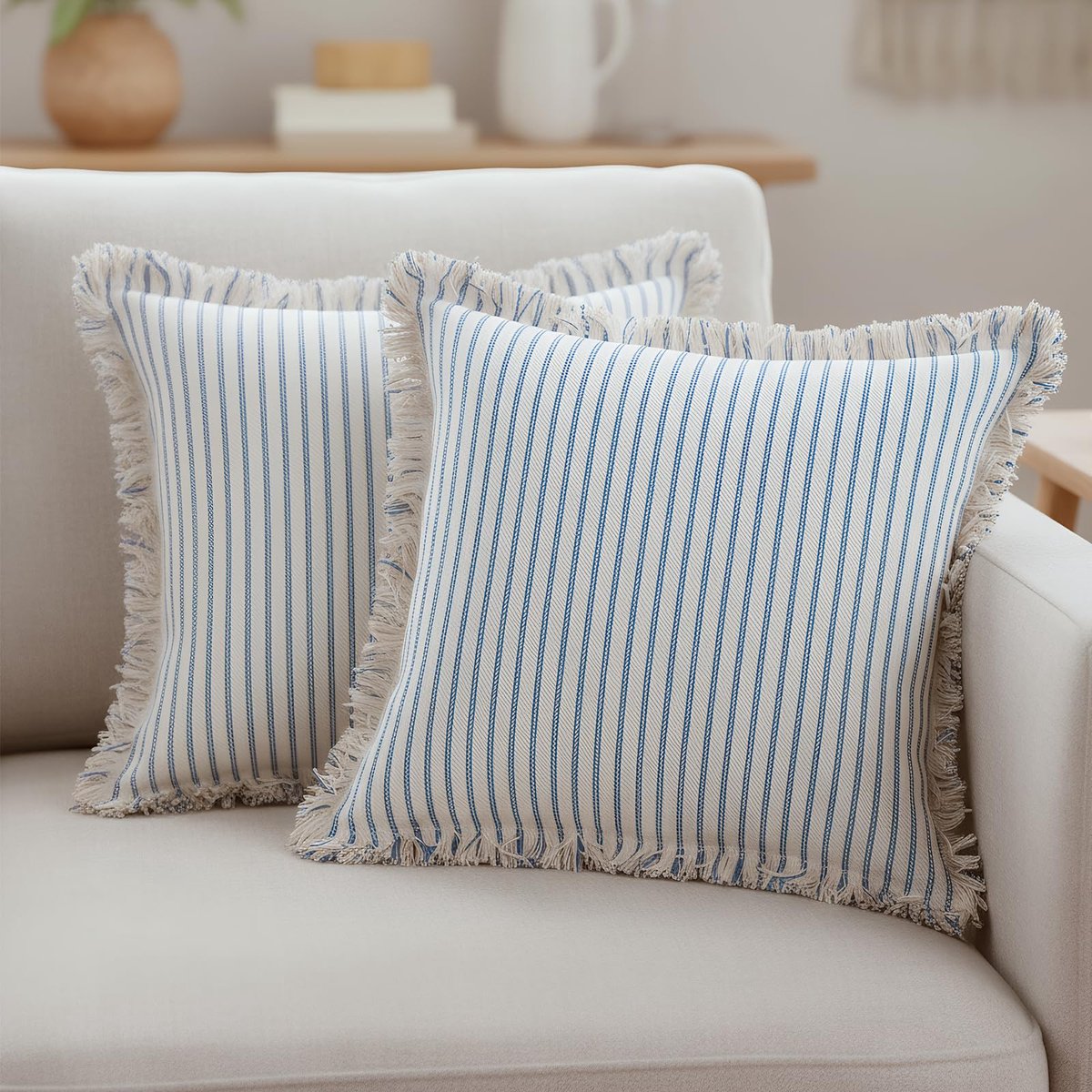 Unyqoos Set van twee decoratieve kussenhoezen met boho strepen voor huisdecoratie blauw