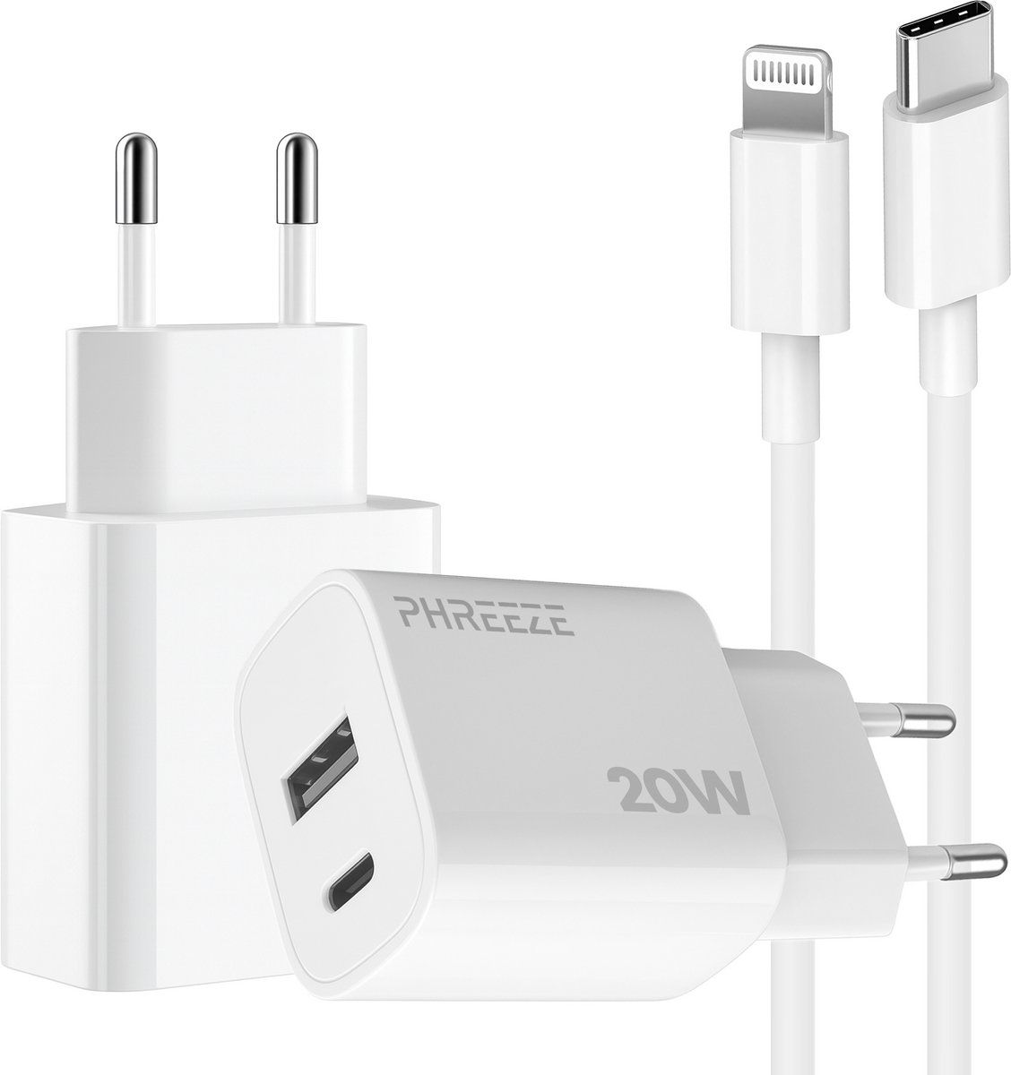 Phreeze usb C adapter 20 W met MFI gecertificeerde Lightning kabel geschikt voor iPhone en iPad - Snellader met 2 poorten