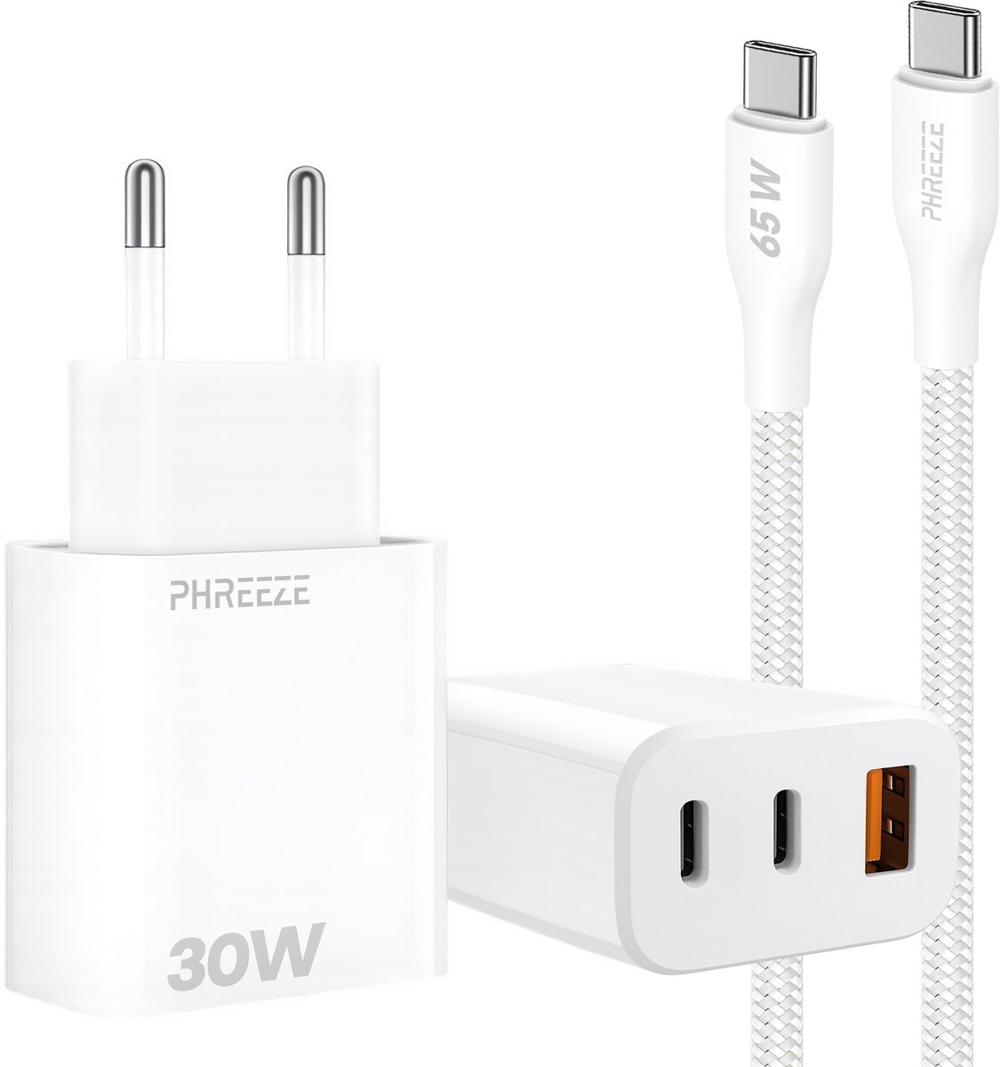 30w usb adapter met 3 poorten 2x Usb met usb C kabel 1m wit snellader