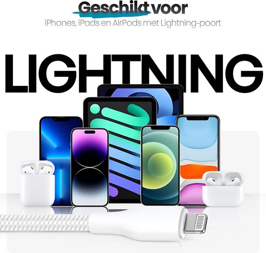 Apparaten van Apple: iPhones, iPads en AirPods met witte Lightning kabel