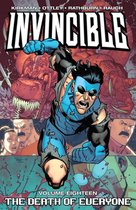 Invincible, de superheld in blauw en grijs, vecht tegen een rode dinosaurus. Titel: Invincible Volume Achttien, The Death of Everyone.