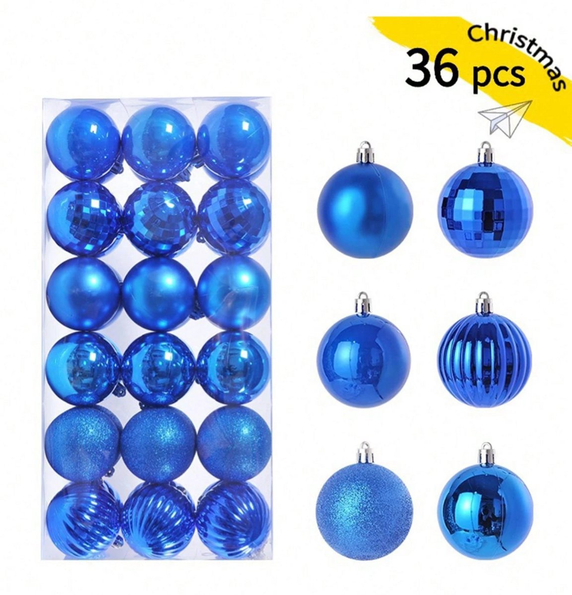 Set van 36 donkerblauwe kerstballen met diverse bohemian accenten, zonder merk.