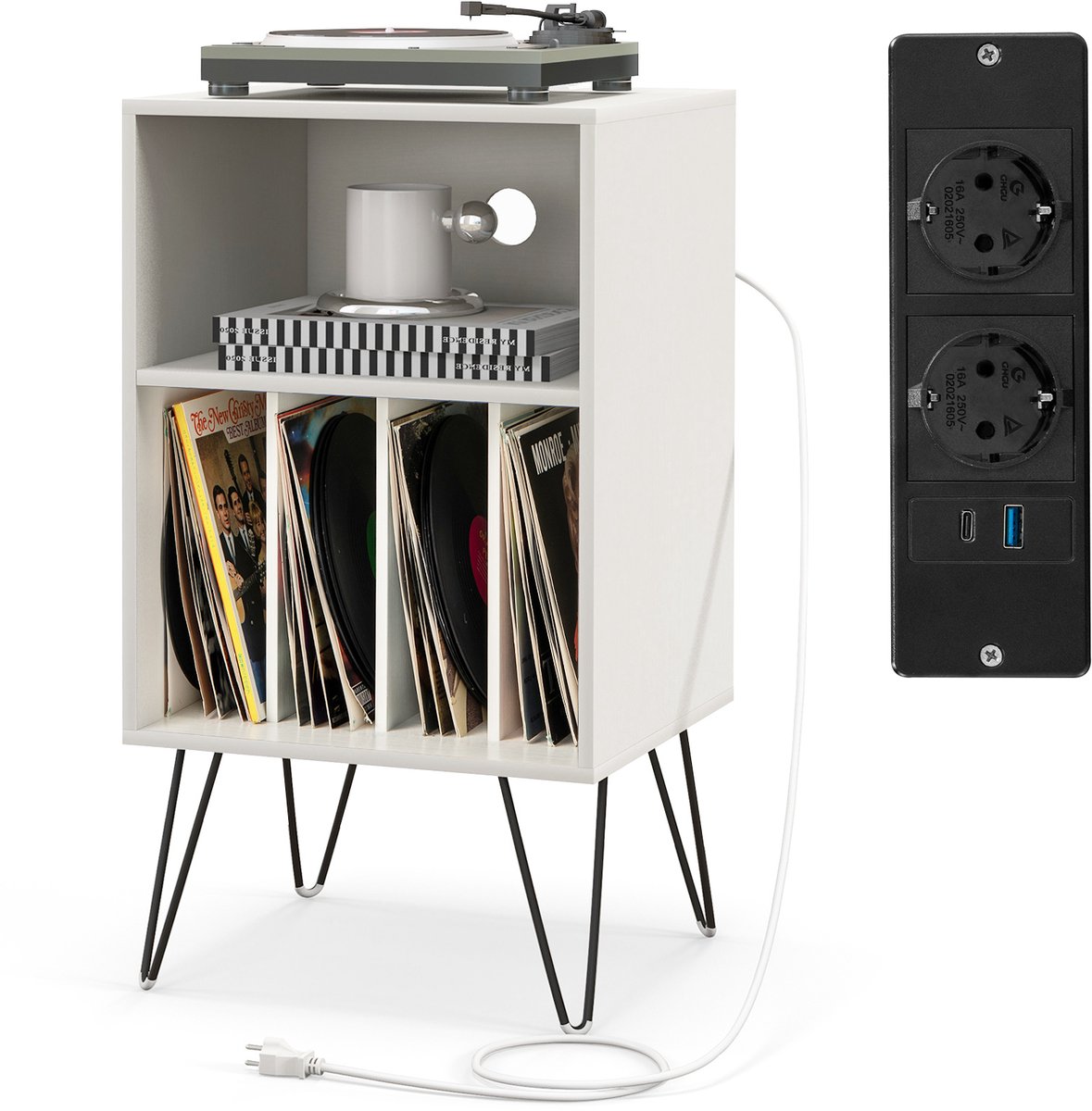 COSTWAY Platenspelerstandaard met laadstation, 3-traps platenstandaard, vinylplaten, opbergtafel met plank en 4 scheidingswanden voor woonkamer, 48 x 40 x 88 cm (wit)