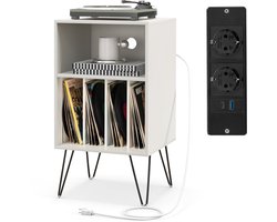 COSTWAY Support de platine vinyle avec station de charge, support de disques à 3 niveaux, table de rangement pour disques vinyles avec étagère et 4 séparateurs pour salon, 48 x 40 x 88 cm (blanc)
