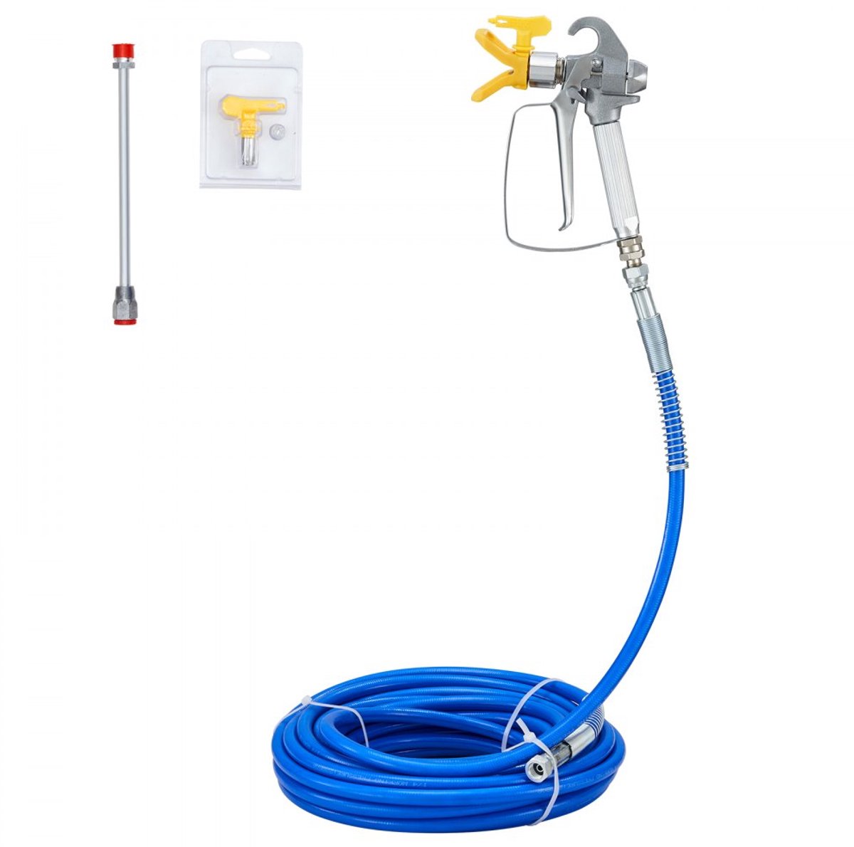 Airless verfspuitslangset - Hogedrukslang 15,24 m - Druk 3600 psi - Verlengstang 20,3 cm - Spuittip 517 + Tipbeschermer - Draaikoppeling 6,35 mm - Vezelversterkt