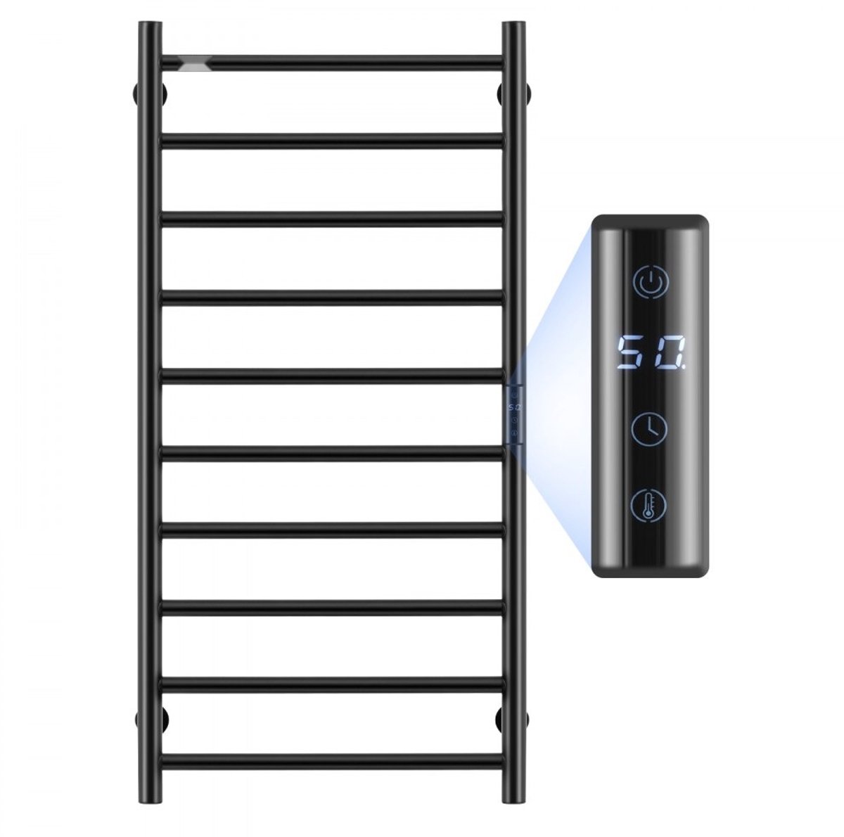 Elektrische handdoekverwarmer - Handdoekradiator/handdoekdroger - 10 Staven - IPX5 Waterdicht - Timer & LED-display - 5 Temperatuurniveaus - Wandmontage - Zwart