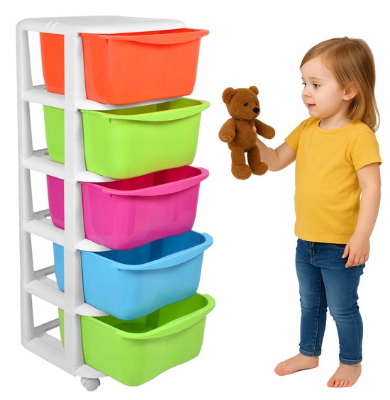 KOMFOTTEU Kinderrek met 2 vakken & 2 opbergbakken, speelgoedrek van