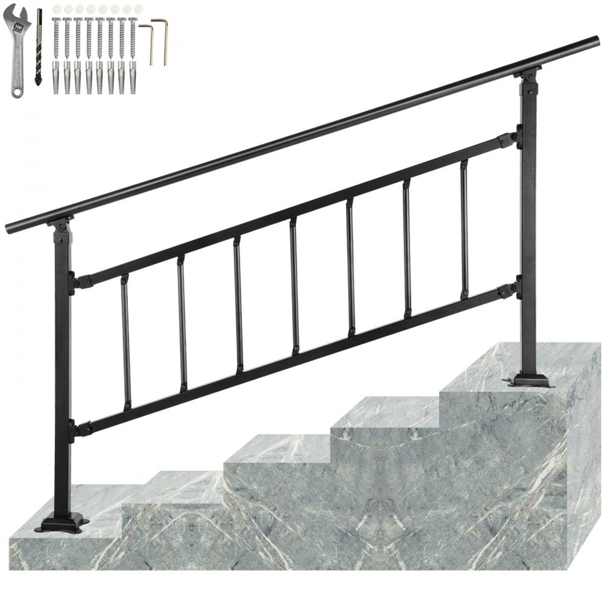 Trapleuning voor buitentrap - Verstelbare smeedijzeren balustrade - Voor 1-4 treden - Voor betonnen treden - Met montagemateriaal - Weerbestendig - Mat zwart