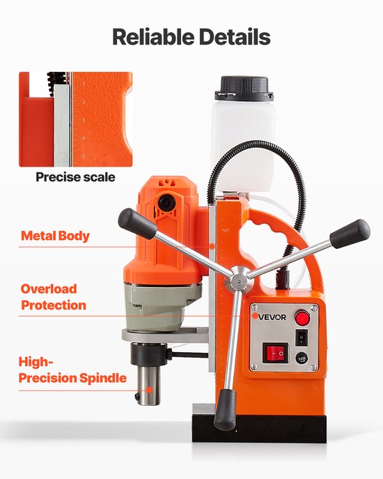 Oranje Vevor magneetboormachine met metalen body, precisiespindel, hendels en een nauwkeurige schaalweergave.