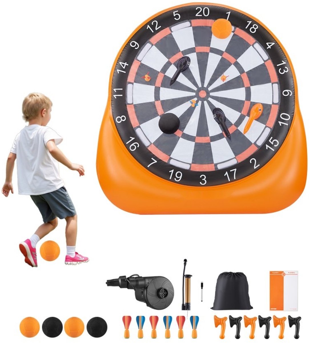 Opblaasbaar Voetbaldartbord - Kickdarts Spel - XL 1,83 m Hoog - Met 4 Voetballen, 6 Darts, 6 Bijlen - Inclusief Luchtpomp - Voor Tuinspellen