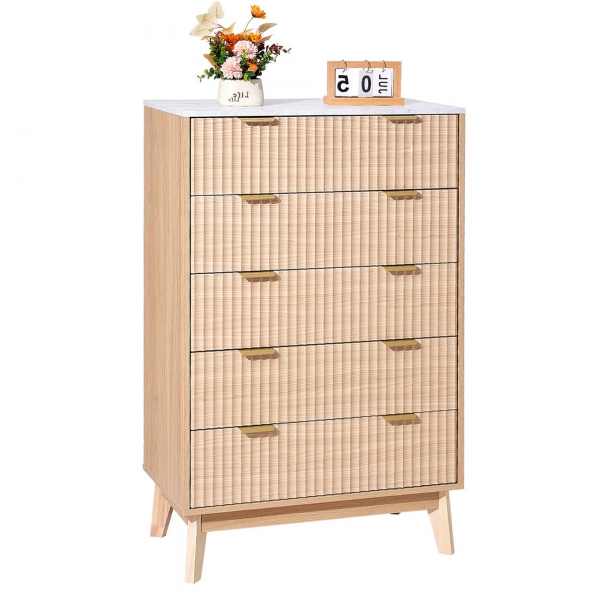 Ladekast - Houten commode met 5 lades - Gecanneleerde fronten - Met schuif- en kantelbeveiliging - Modern retro design - Voor woonkamer, slaapkamer, hal - Licht hout