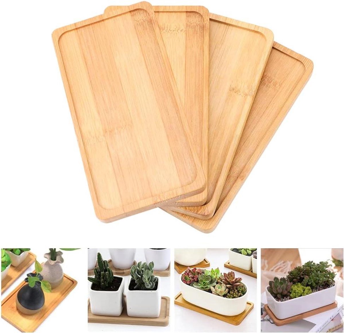 EGoods - Set van 4 bamboe trays voor plantenpotten - Duurzame rechthoekige schotels - Kleine bloempot tray inclusief vetplant, cactus en bonsai - Afmetingen 17,5 x 8,8 x 1 cm