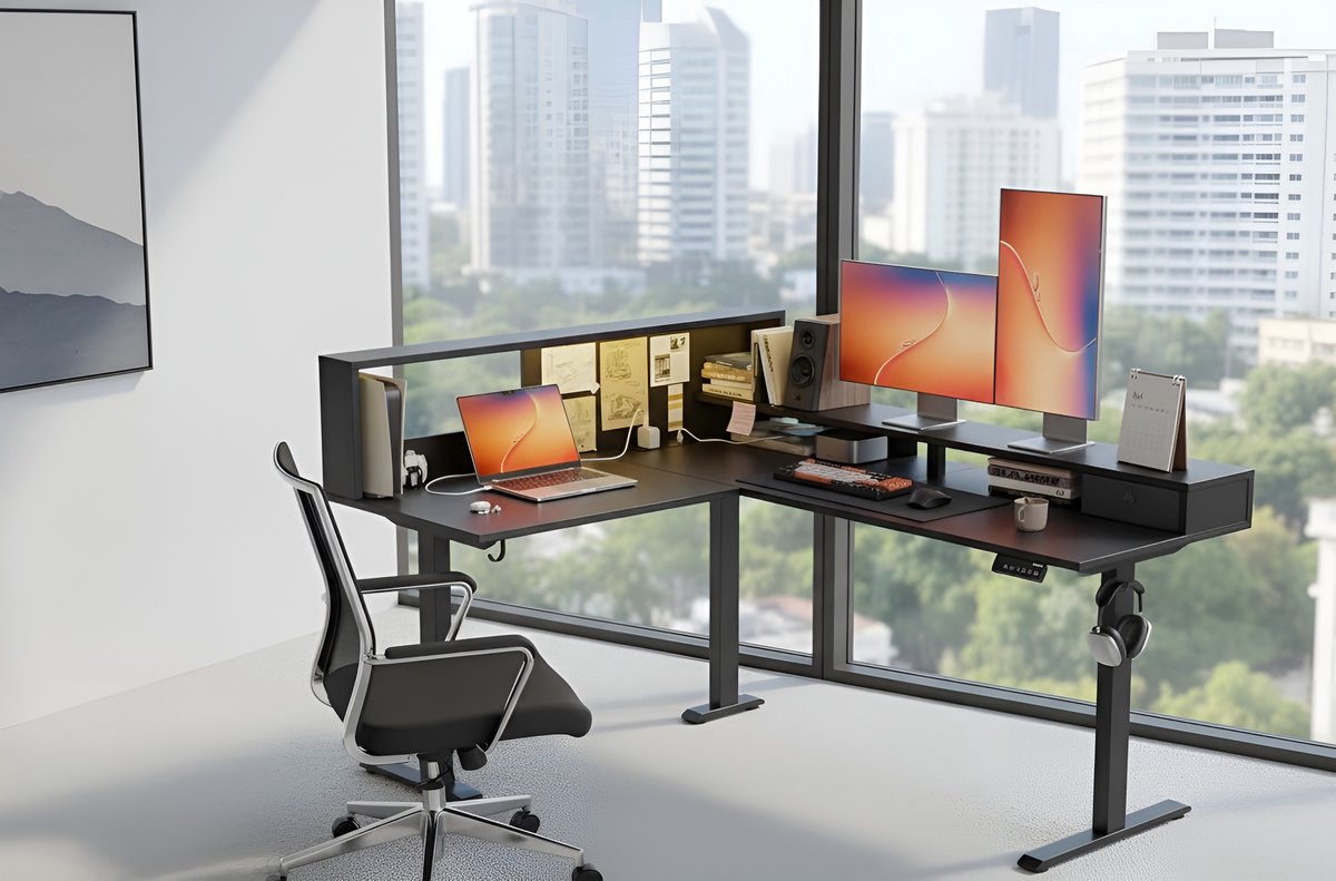 Elektrisch Hoogte Verstelbaar L-Vormig Bureau met LED Verlichting 160x140 cm – Ergonomisch Zit-Sta Hoekbureau met Geheugenfunctie & T-Staal Frame – Hout & Zwart – HomeByNicole