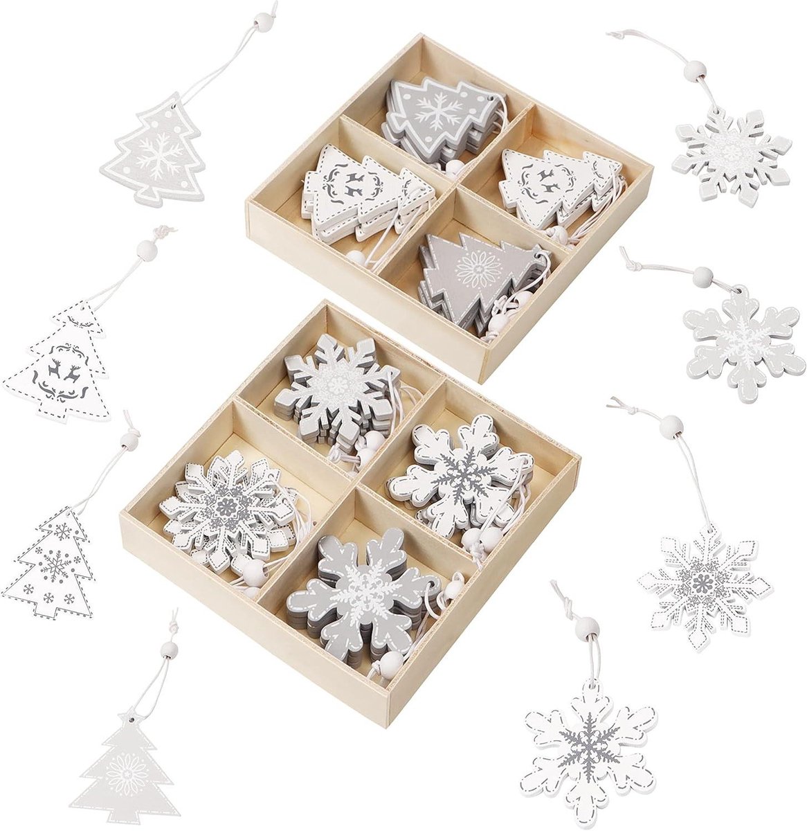EGoods - Hangende Kerstboom Decoratie Set - Nordic Stijl - 32 Pack - Sneeuwvlok en Kerstboom Ontwerpen - Vintage - Wit en Zilver - Kerstversiering