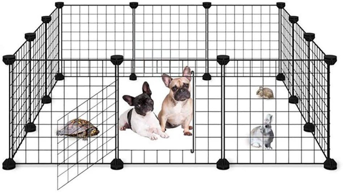 CHIWIN Puppyren - Hondenren - 12 Panelen DIY Speelren met Deur - 1.5 cm Gaasafstand Konijnenren Knaagdierenren - Voor Cavia Hamster Jonge Puppy - Zwart - 111x111x37 cm