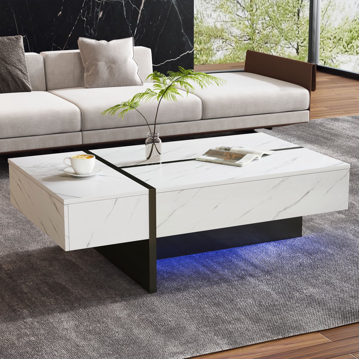 MODFU Witte hoogglans salontafel 105x60x35 cm marmerlook met LED — modern onregelmatig ontwerp, bijzettafel voor woonkamer