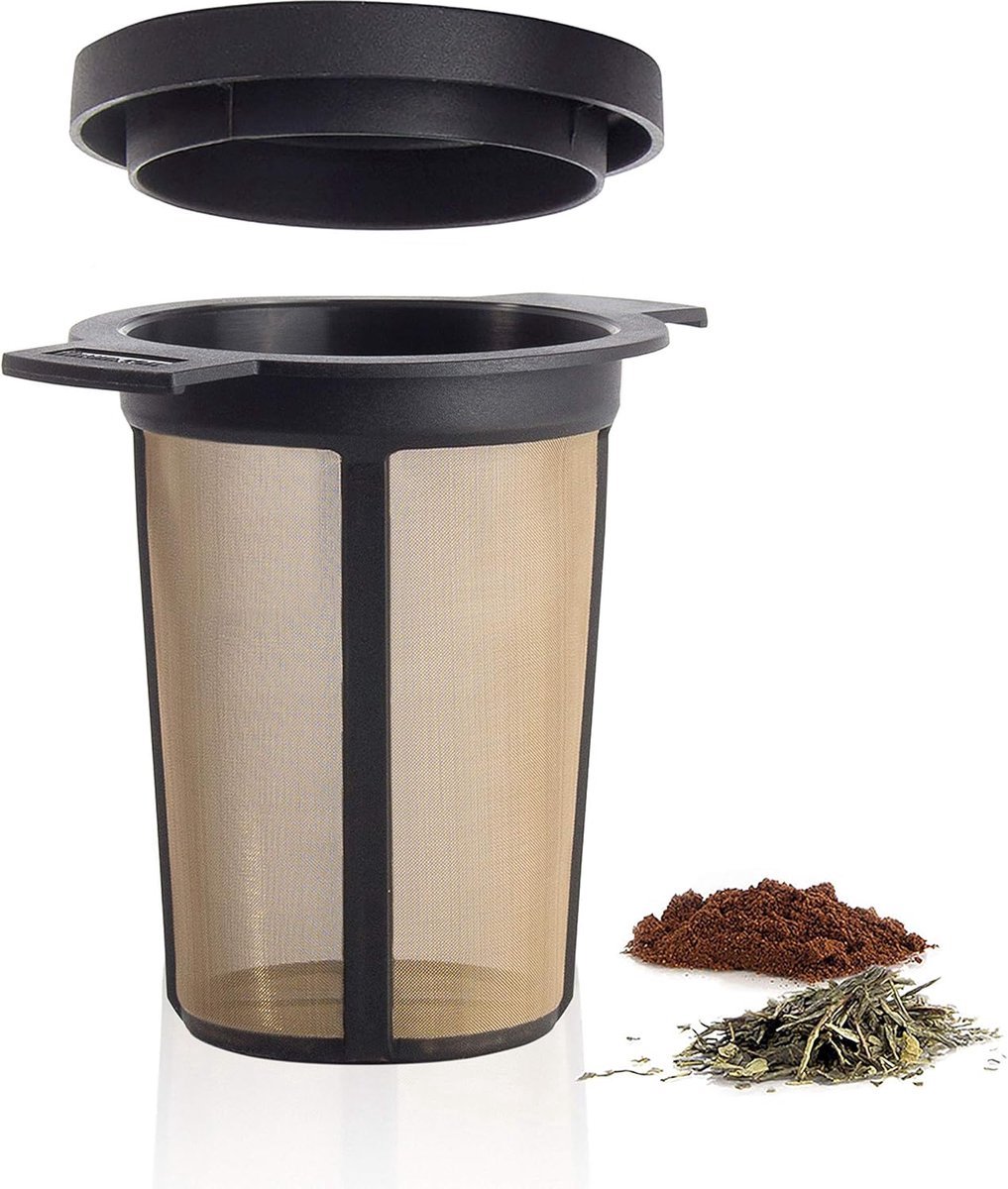 Stunq® permanent filter voor thee en koffie - permanent filter met weefsel van roestvrij staal - theefilter en koffiefilter - kopjes filteropzetstuk maat L, zwart