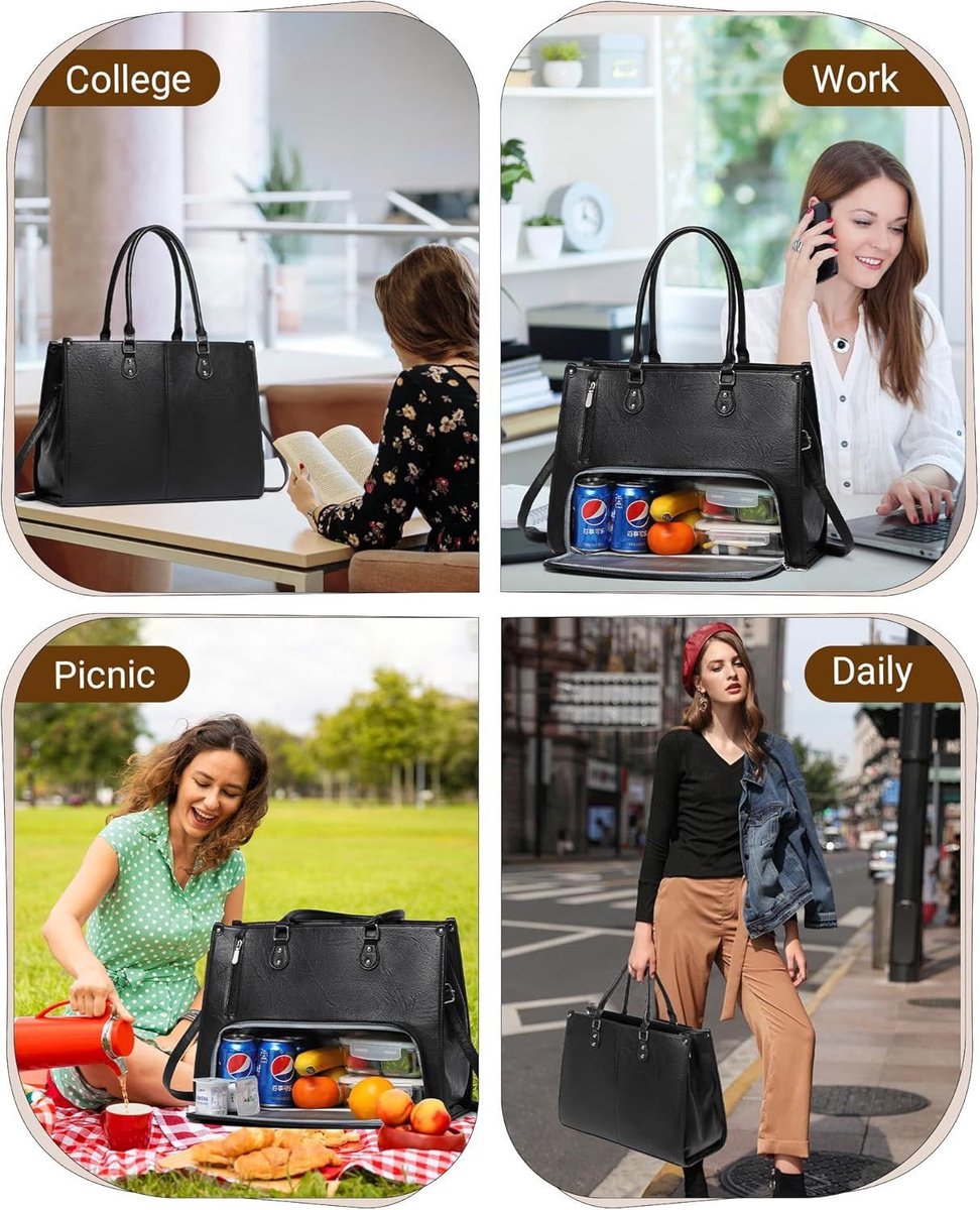 Lunch Tas - 2-in-1 Lunch Tas Handtas Combinatie - Vegane Leder Laptop tas - 15,6-inch Handtas Met Geïsoleerde Lunch Kamer - Lunch Tas - Vrouwen Koeltas - School Kantoor Isolatie Tas - Zwart — cadeau in Koken & Dineren - foto 5