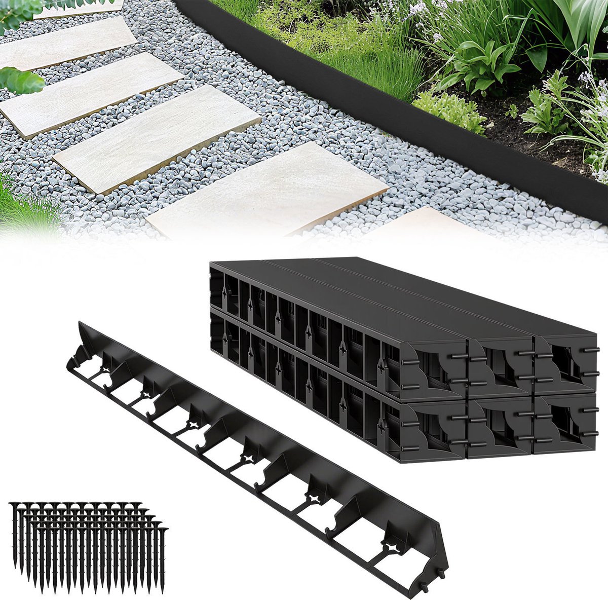 Flexibele Kunststof Borderrand 12 m - Perkrand met 50 grondankers - Tuinafboording zonder graven - DIY Gazonrand tuinrand - Zwart
