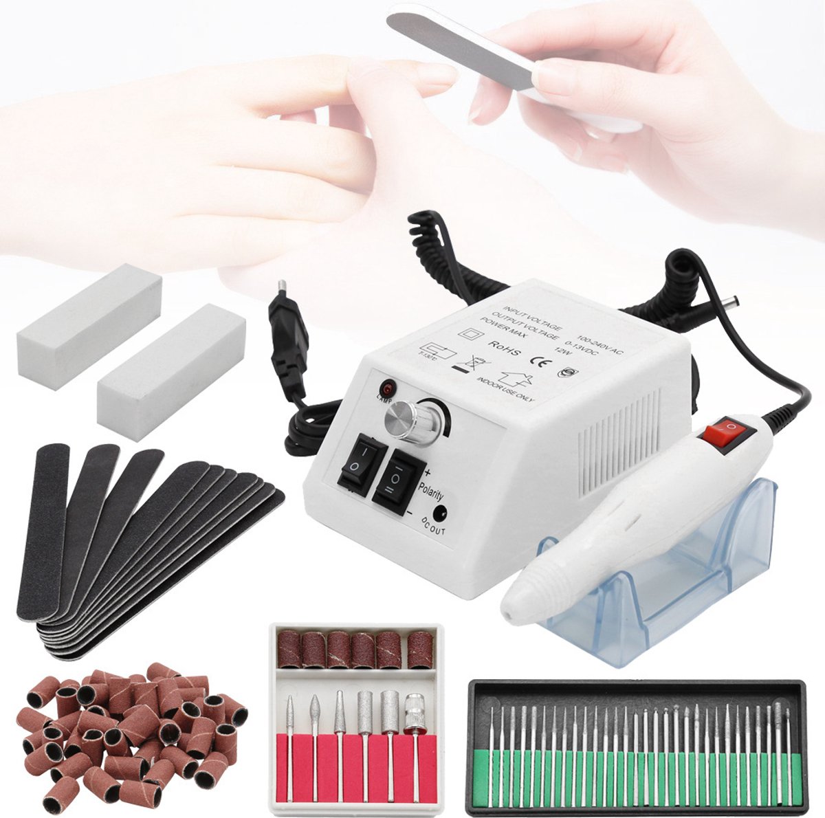Nagelfrees - Elektrische Nagelvijl Set - Elektrische Manicure en Pedicure set - 20000 RPM PRO Desktop - 6x standaard schuurkappen - Links- en rechts draaiend - Wit - voor Manicure & Pedicure - Pedicureset