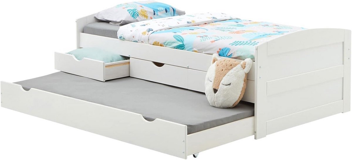 Massief Grenen Tienerbed met 3 Laden en Uittrekbed 90x190 cm Wit
