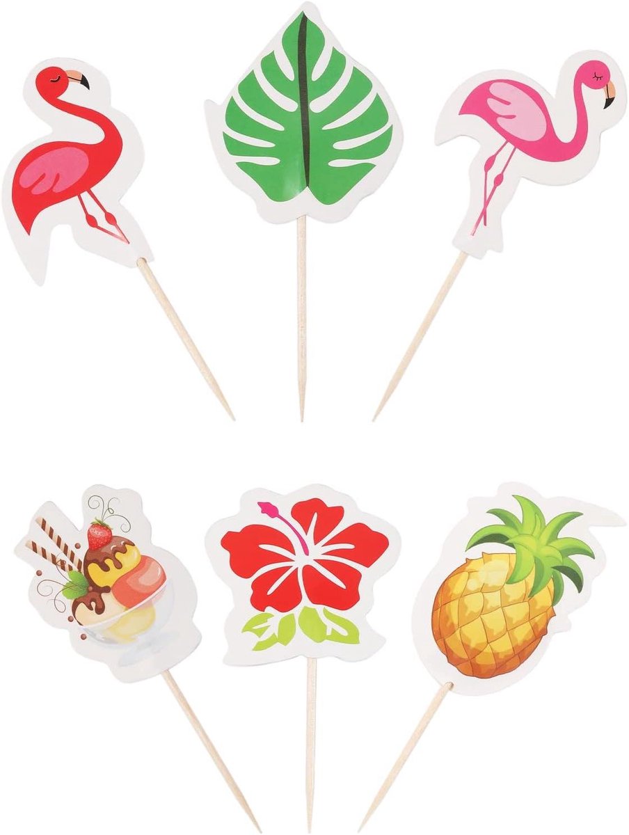 Hawaiiaanse Decoratie voor Drankjes - Strand Thema Cupcake Toppers - Tropische Feestartikelen met Flamingo en Ananas - 48 stuks