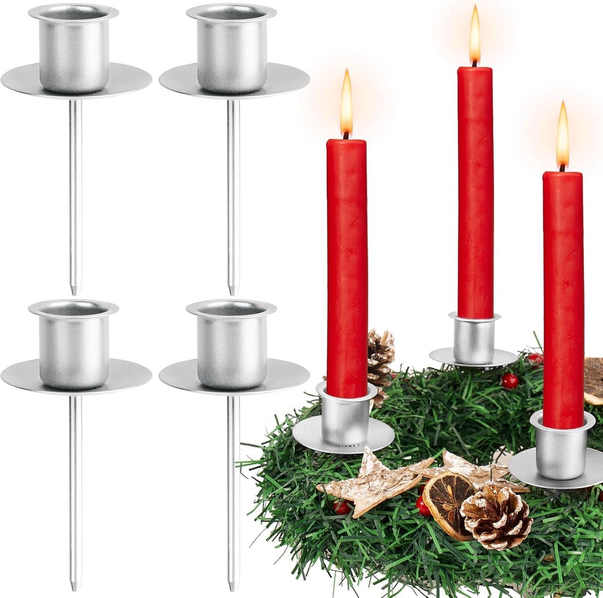 4 Zilveren Metalen Kandelaars voor Adventskrans - Kerst Decoratie & Bruiloft