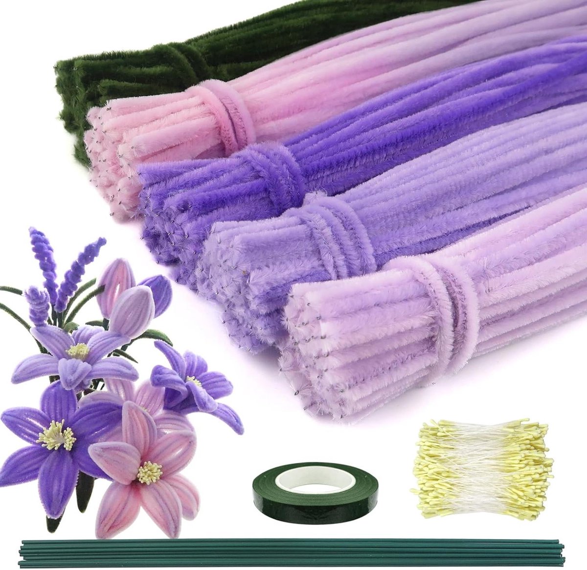 300 stuks Chenille borstels voor knutselwerk - Lila pijpreinigers voor bloemdecoratie - DIY handwerk benodigdheden