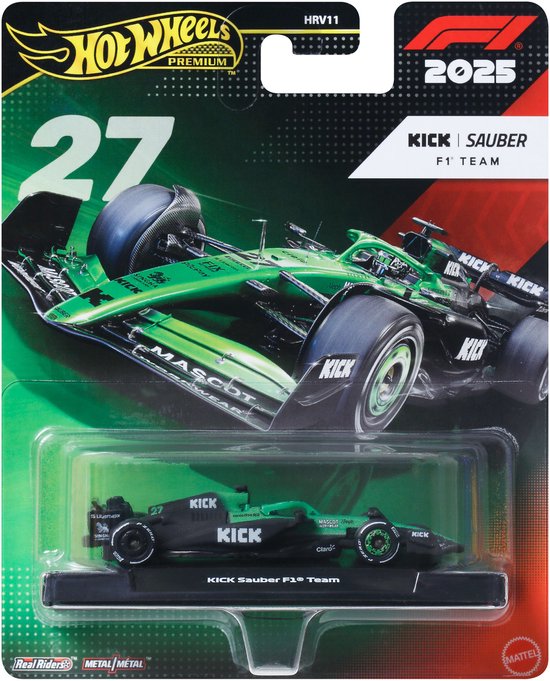 Hot Wheels Premium F1 raceauto nummer 27, zwart met groene accenten en KICK logo's, in verpakking.