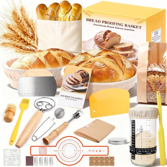 Zuurdesem Brood Bakken benodigdheden, Complete Zuurdesem Starter Kit, 10 Ronde & 11 Ovale Brood Proofing Mand met 1000ml Zuurdesem Starter Potje, Brood Maken Gereedschap Geschenken voor Bakkers