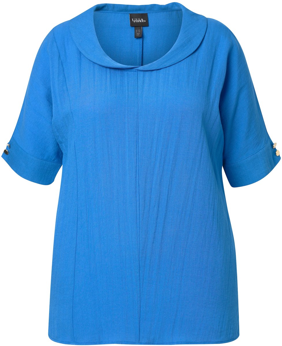 Ulla Popken - Dames - Blouse linnenmix oversized kentkraag halve mouw - Petrolblauw - Maat 62+