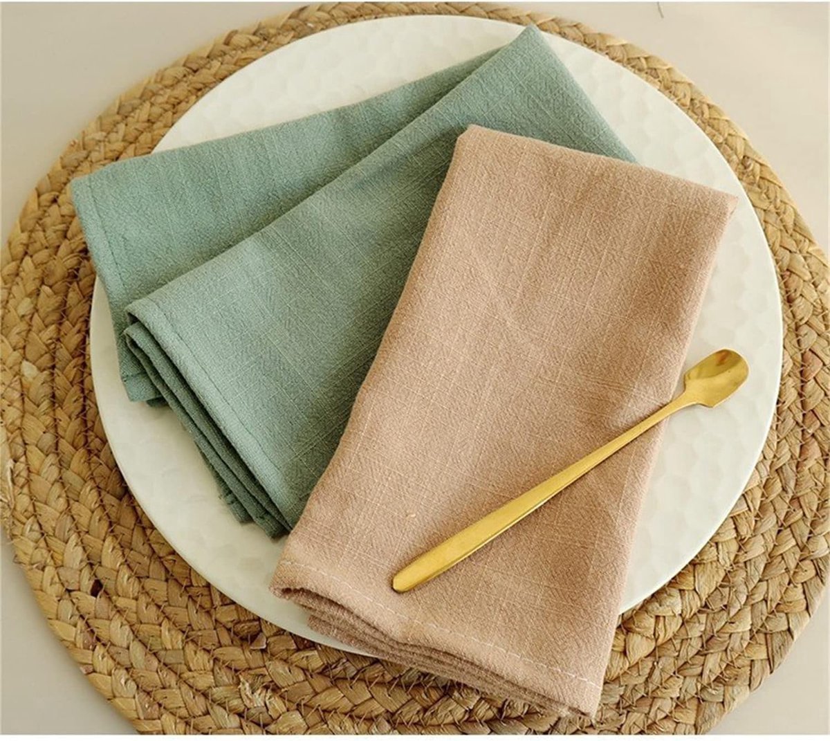 Stunq® Set van 6 Natuurlijke Servetten - Groen, 100% Katoen en Linnen, 40x40 cm