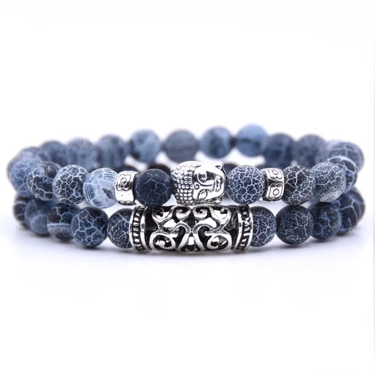 S4H Blue Fire Agaat Armband – 2-delige Set – Blauw Crackle Agate Edelsteen voor Bescherming, Kracht & Balans – Buddha Armband – Handgemaakt Unisex